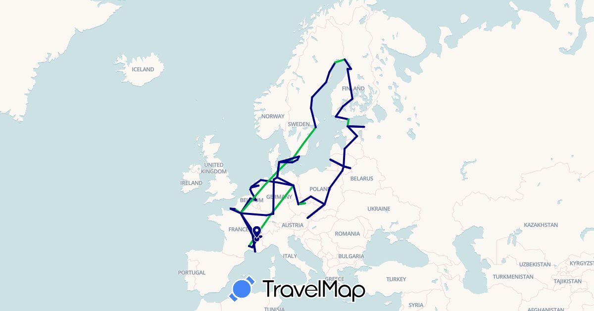 TravelMap itinerary: driving, bus in Austria, Belgium, Switzerland, Czech Republic, Germany, Denmark, Estonia, Finland, France, Lithuania, Latvia, Netherlands, Poland, Sweden (Europe)